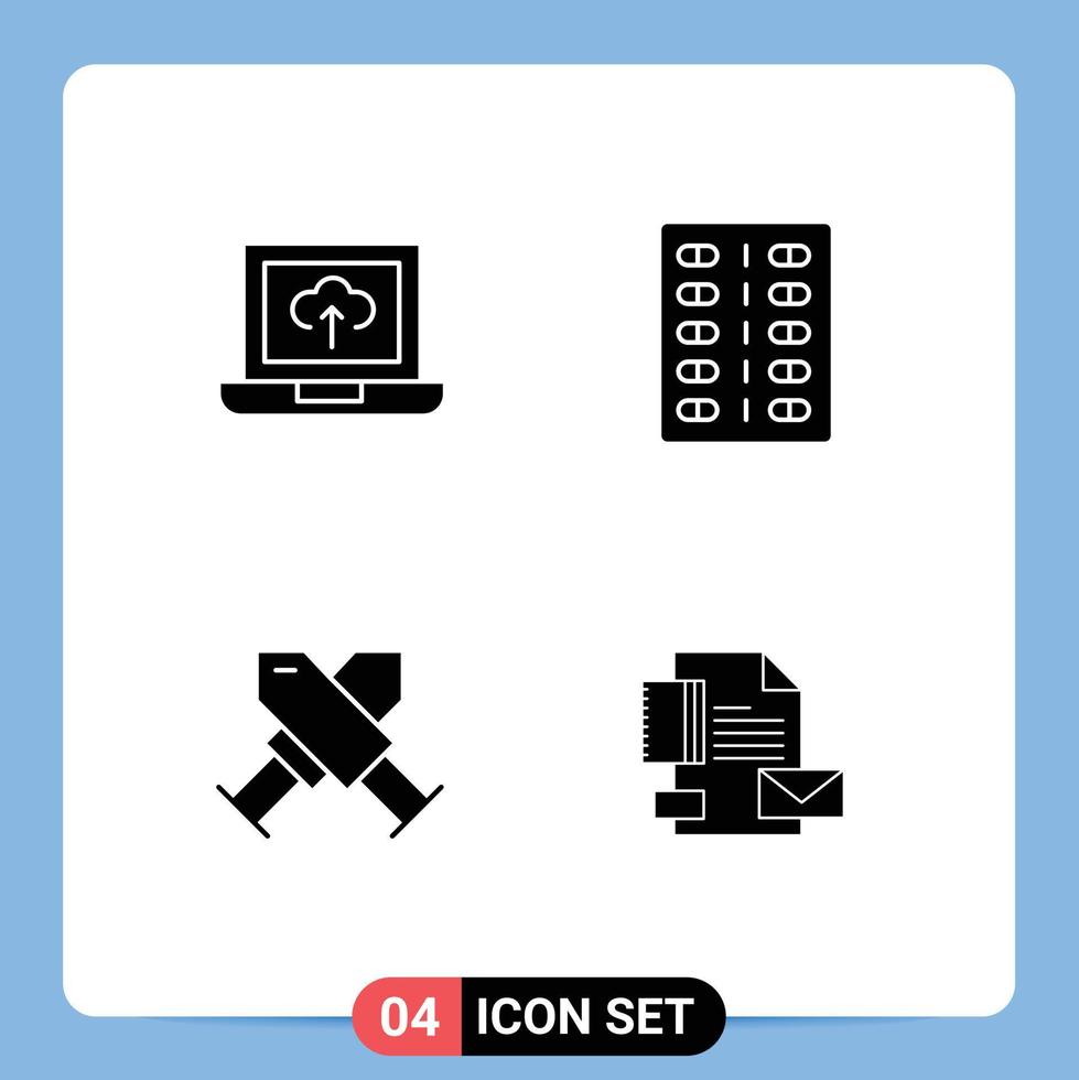 Mobile Interface Solid Glyph Set of 4 Pictograms of laptop award disease form wreath Editable Vector Design Elements