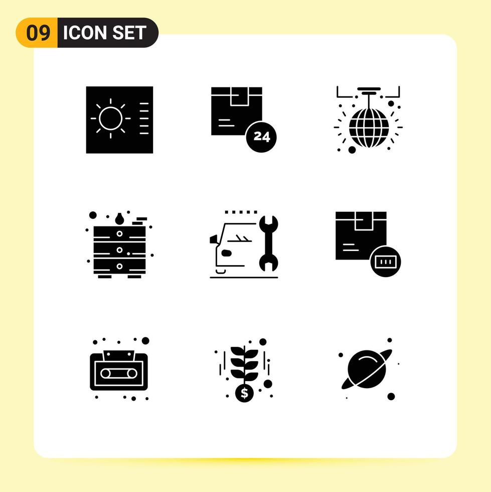 paquete de 9 signos y símbolos de glifos sólidos modernos para medios de impresión web, como reparación de mesa de decoración de automóviles, dibujo de elementos de diseño de vectores editables