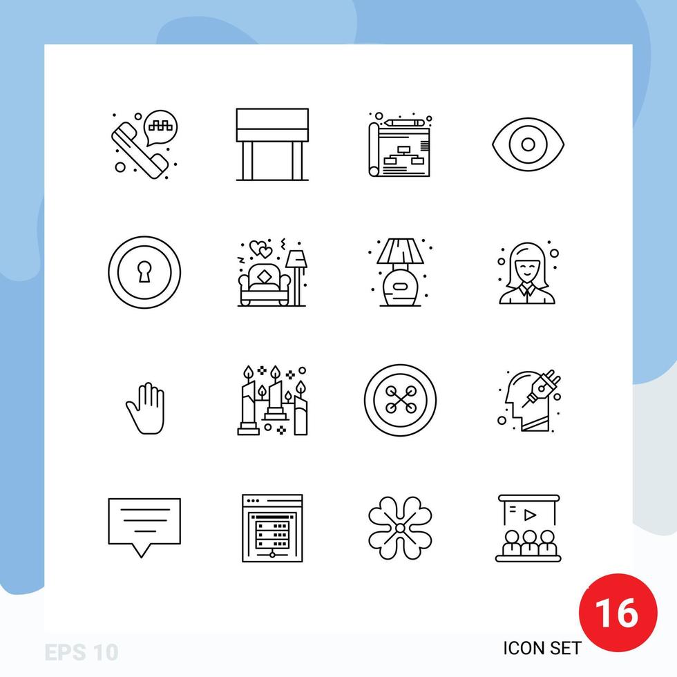 Mobile Interface Outline Set of 16 Pictograms of lamp secret strategy private science Editable Vector Design Elements