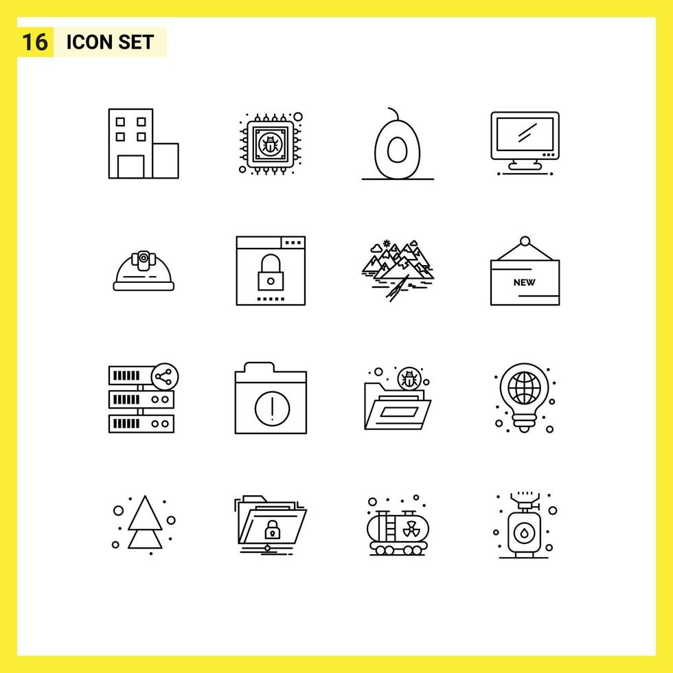 16 User Interface Outline Pack of modern Signs and Symbols of building helmet food pc device Editable Vector Design Elements