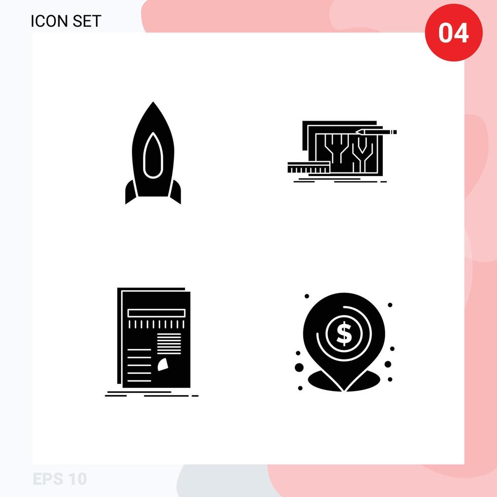 Universal Icon Symbols Group of 4 Modern Solid Glyphs of rocket engineering startup blueprint data Editable Vector Design Elements