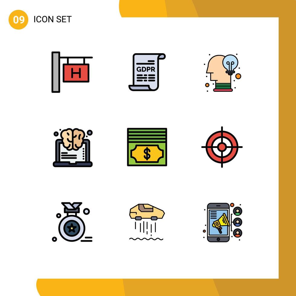 Pictogram Set of 9 Simple Filledline Flat Colors of money cash creative think learning Editable Vector Design Elements