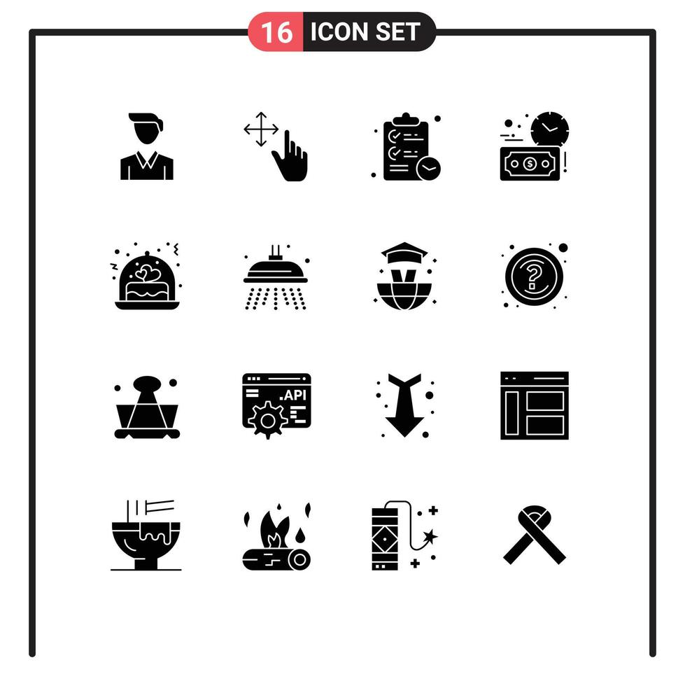 16 Thematic Vector Solid Glyphs and Editable Symbols of water wedding tasks love money Editable Vector Design Elements