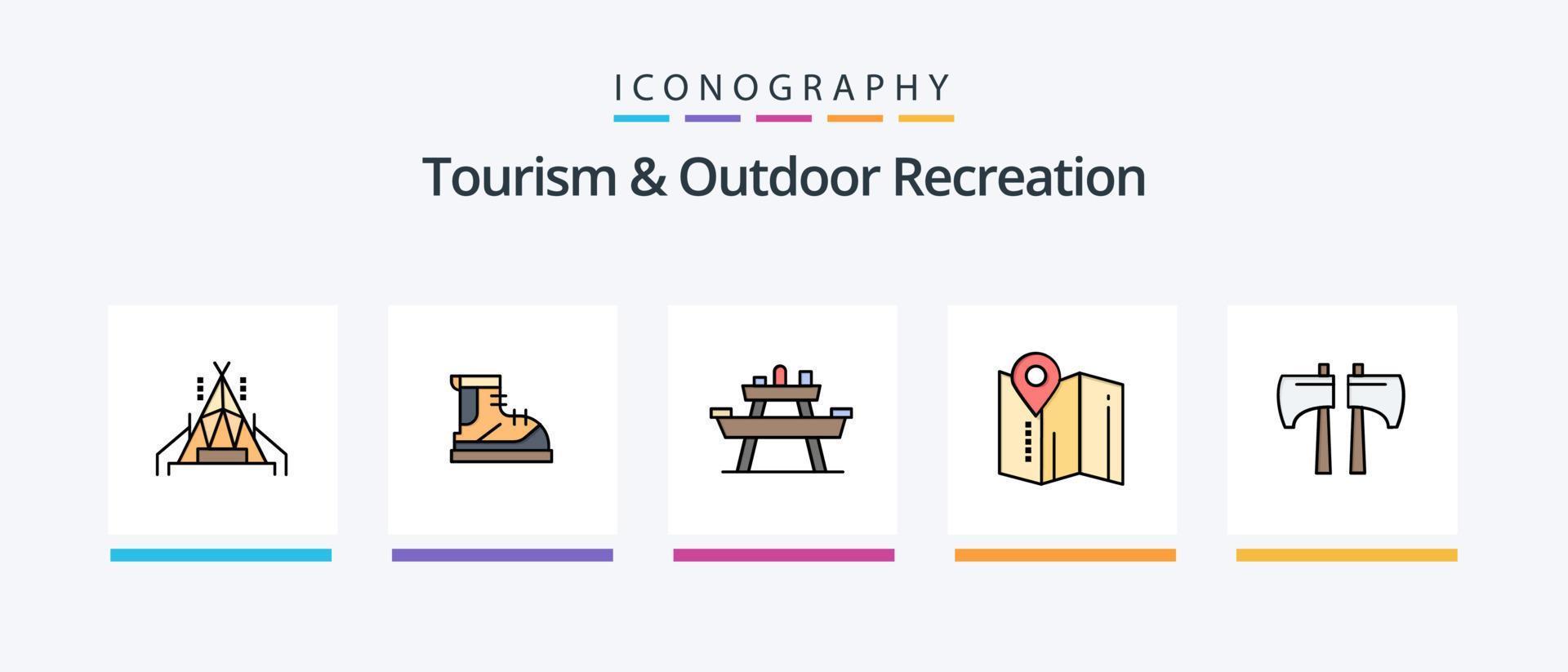 Tourism And Outdoor Recreation Line Filled 5 Icon Pack Including flashlight. track. location. hiking. boots. Creative Icons Design vector