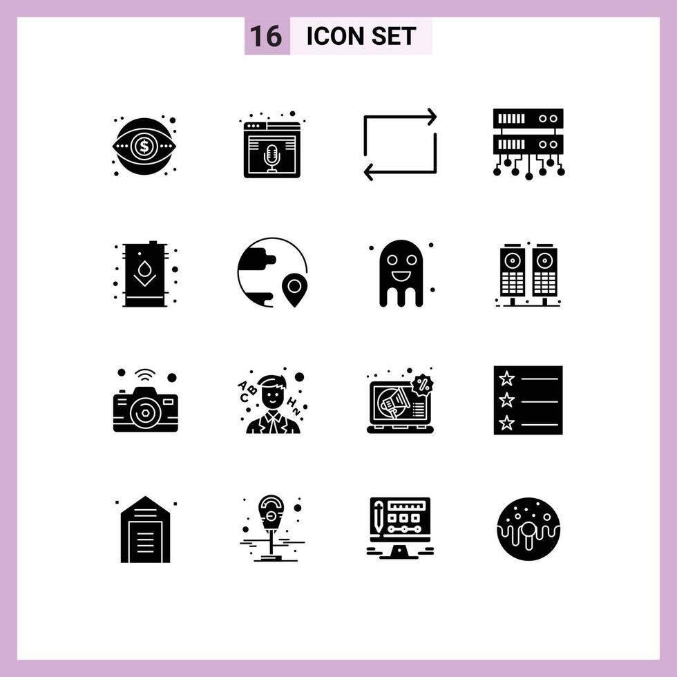 Modern Set of 16 Solid Glyphs and symbols such as electric shared web podcast shared server repeat Editable Vector Design Elements