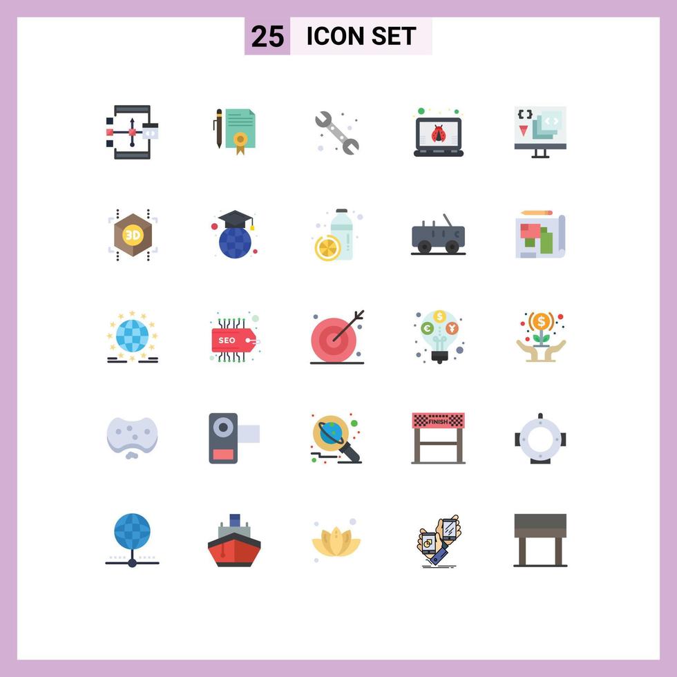 Editable Vector Line Pack of 25 Simple Flat Colors of app laptop bug documents hacker plumbing Editable Vector Design Elements