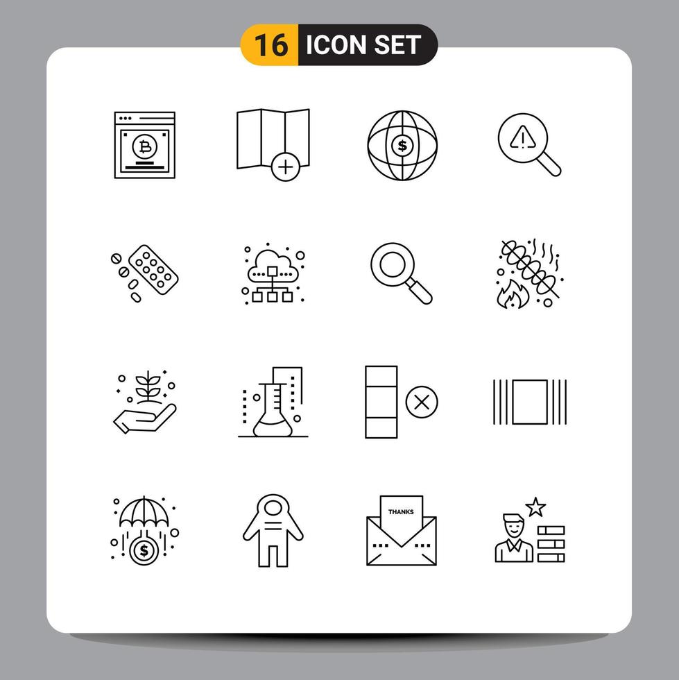 Group of 16 Outlines Signs and Symbols for tablet medicine globe error search Editable Vector Design Elements