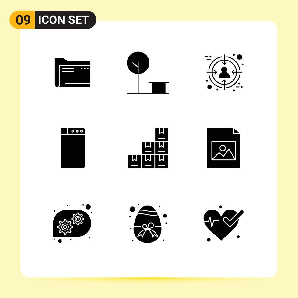 Pack of 9 Modern Solid Glyphs Signs and Symbols for Web Print Media such as box machine nature target business Editable Vector Design Elements