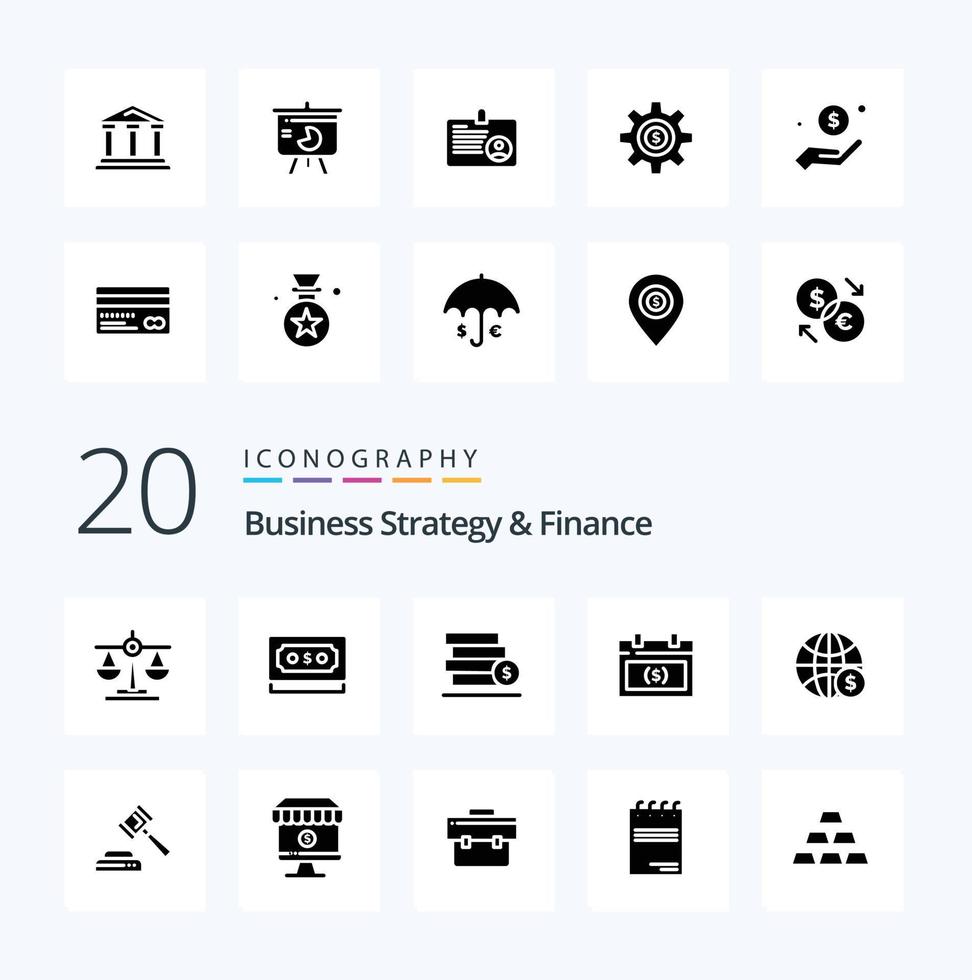 20 Business Strategy And Finance Solid Glyph icon Pack like calendar  save payment  dollar  money vector