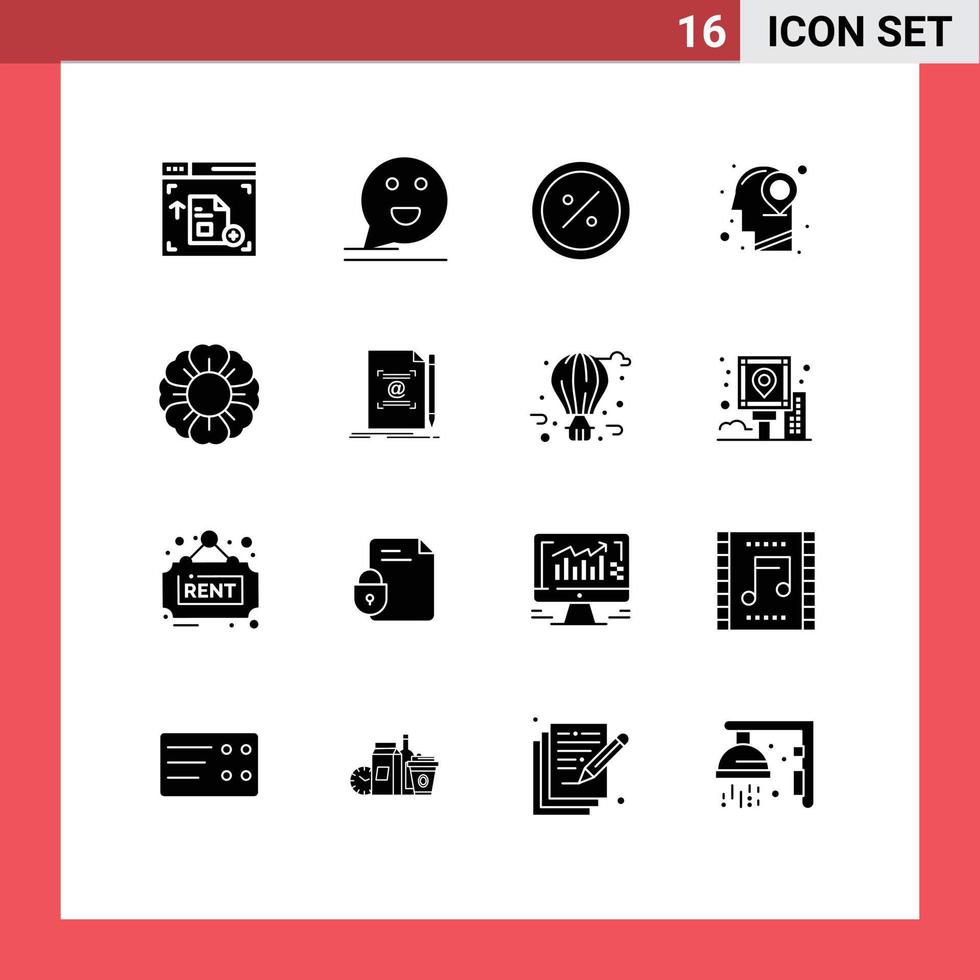 Solid Glyph Pack of 16 Universal Symbols of mind location commerce head market Editable Vector Design Elements