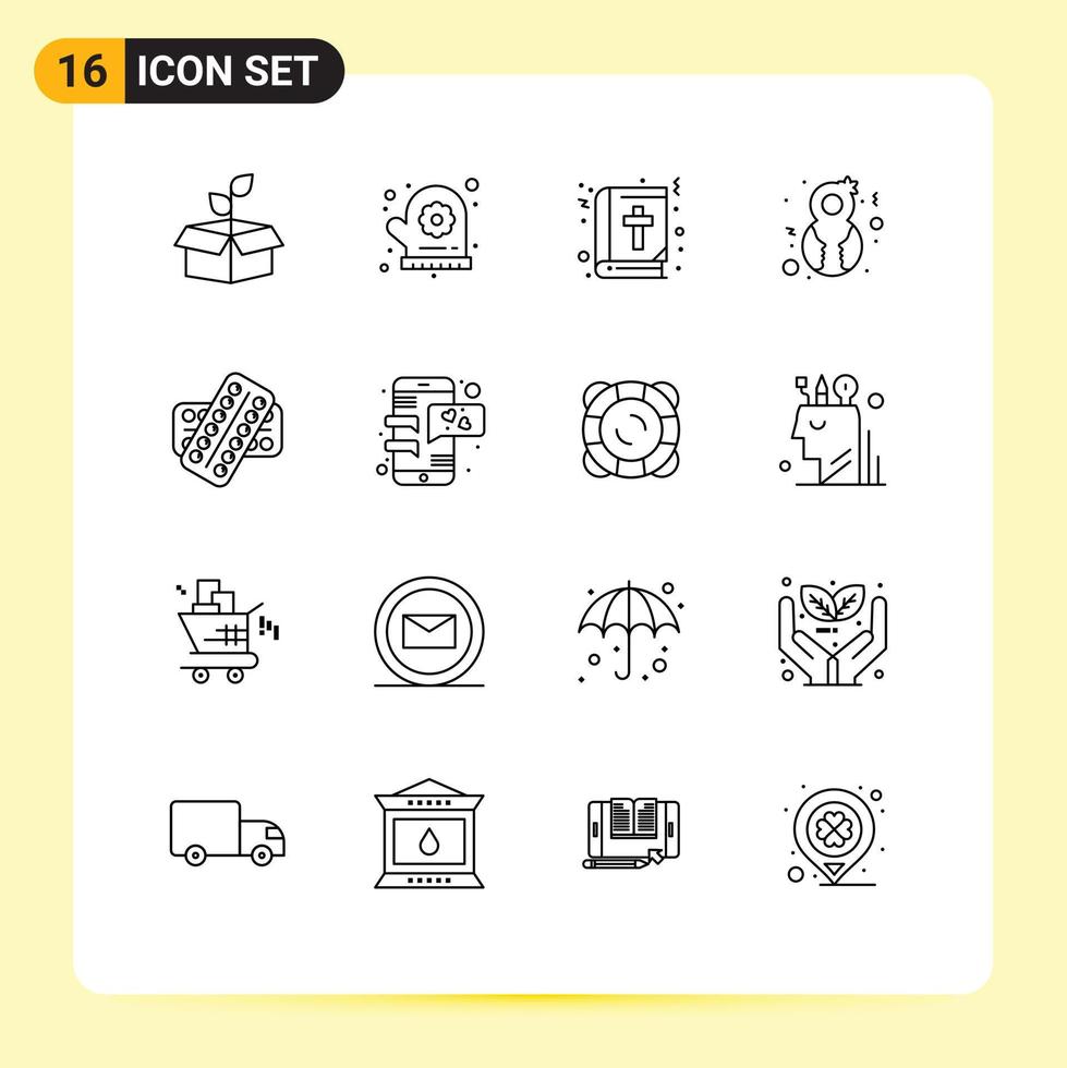 Universal Icon Symbols Group of 16 Modern Outlines of pill woman bible genre eight march Editable Vector Design Elements