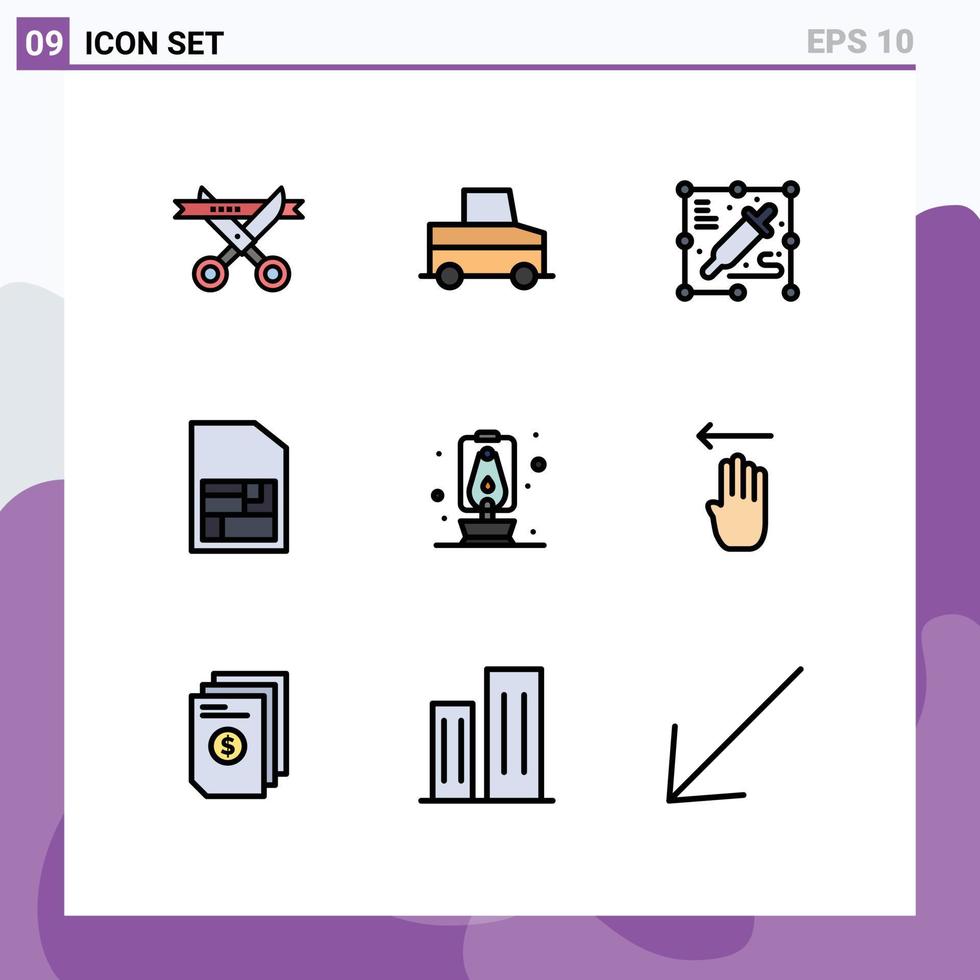 User Interface Pack of 9 Basic Filledline Flat Colors of four travel creative camping sim card Editable Vector Design Elements