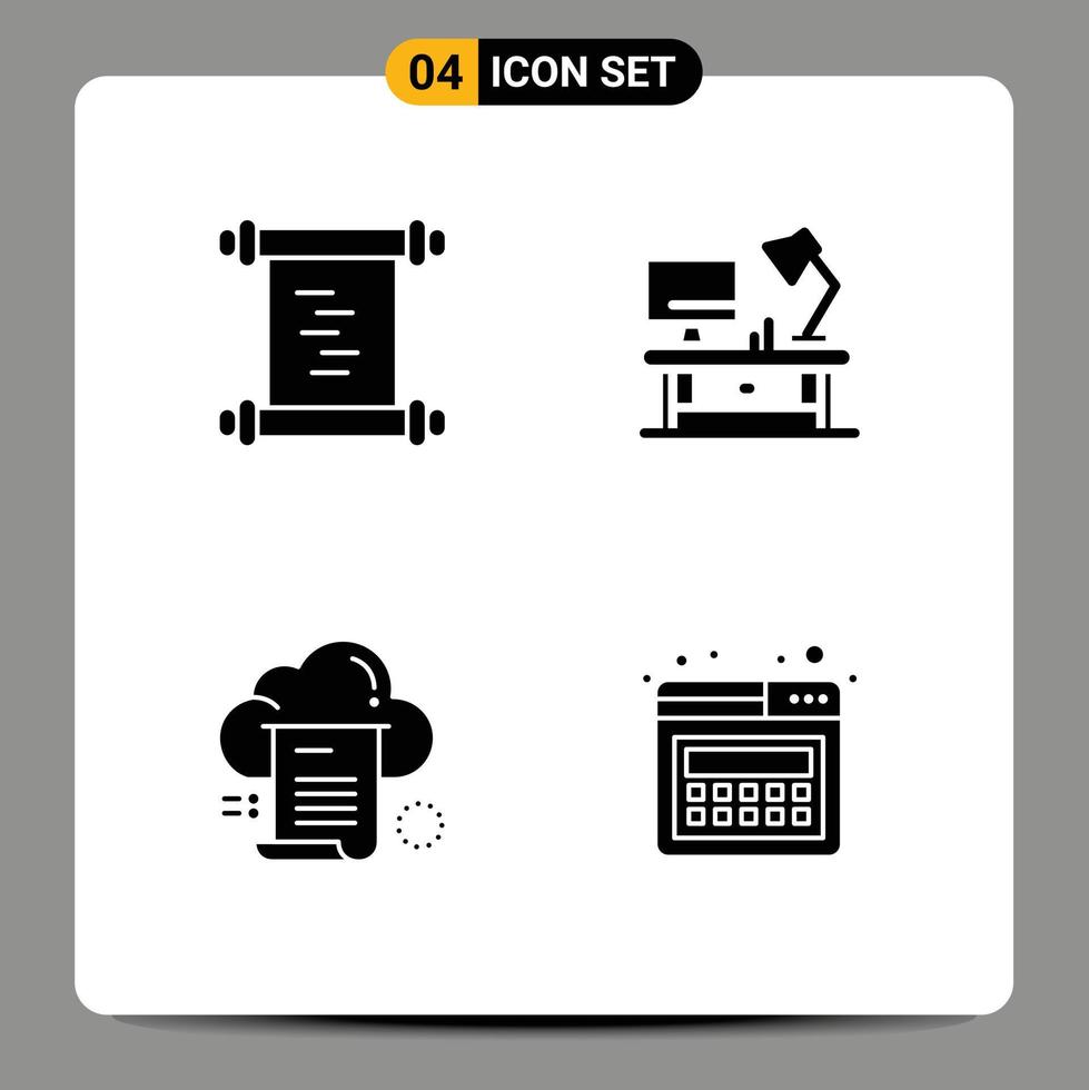 Modern Set of 4 Solid Glyphs and symbols such as history document table lamp business computing Editable Vector Design Elements