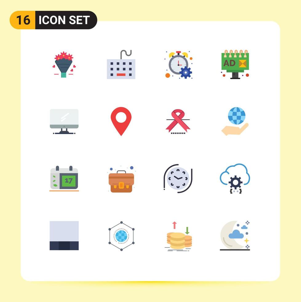 Modern Set of 16 Flat Colors Pictograph of monitor billboard keyboard advertising timer Editable Pack of Creative Vector Design Elements