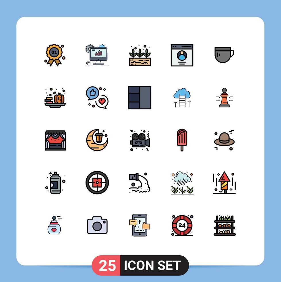 25 Universal Filled line Flat Color Signs Symbols of coffee cup setting user interface Editable Vector Design Elements
