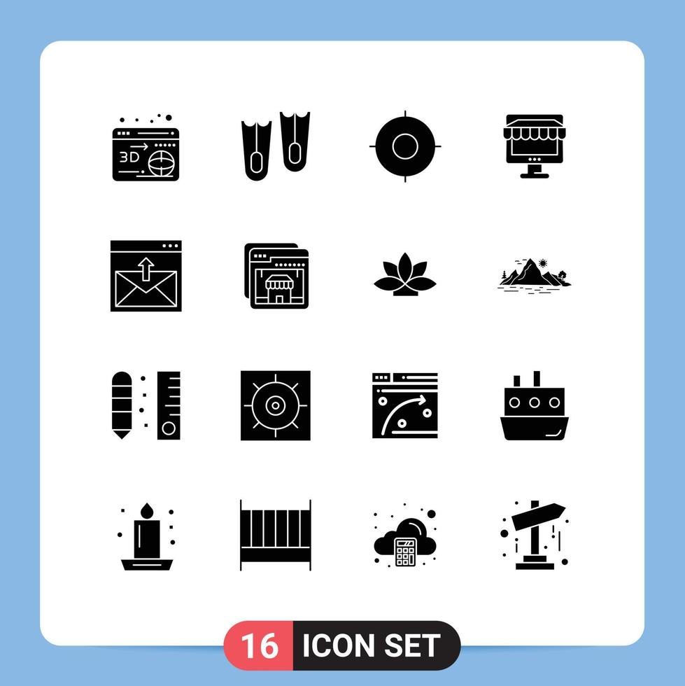 Set of 16 Vector Solid Glyphs on Grid for contact online location store shop Editable Vector Design Elements