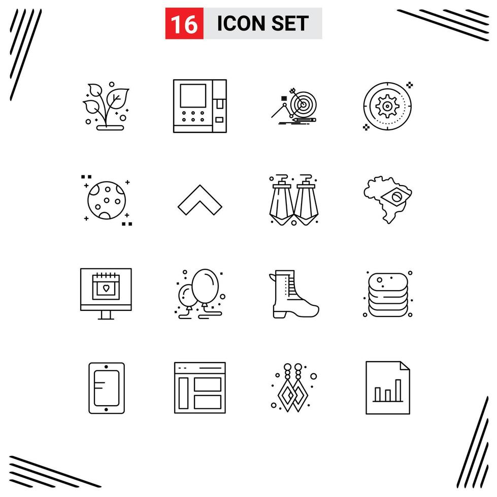 16 Thematic Vector Outlines and Editable Symbols of moon target success wheel gear Editable Vector Design Elements