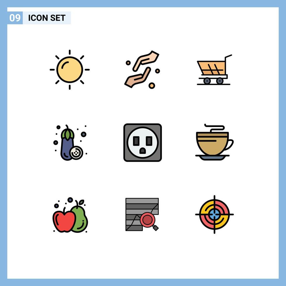 Pictogram Set of 9 Simple Filledline Flat Colors of socket vegetable shahada food buy Editable Vector Design Elements