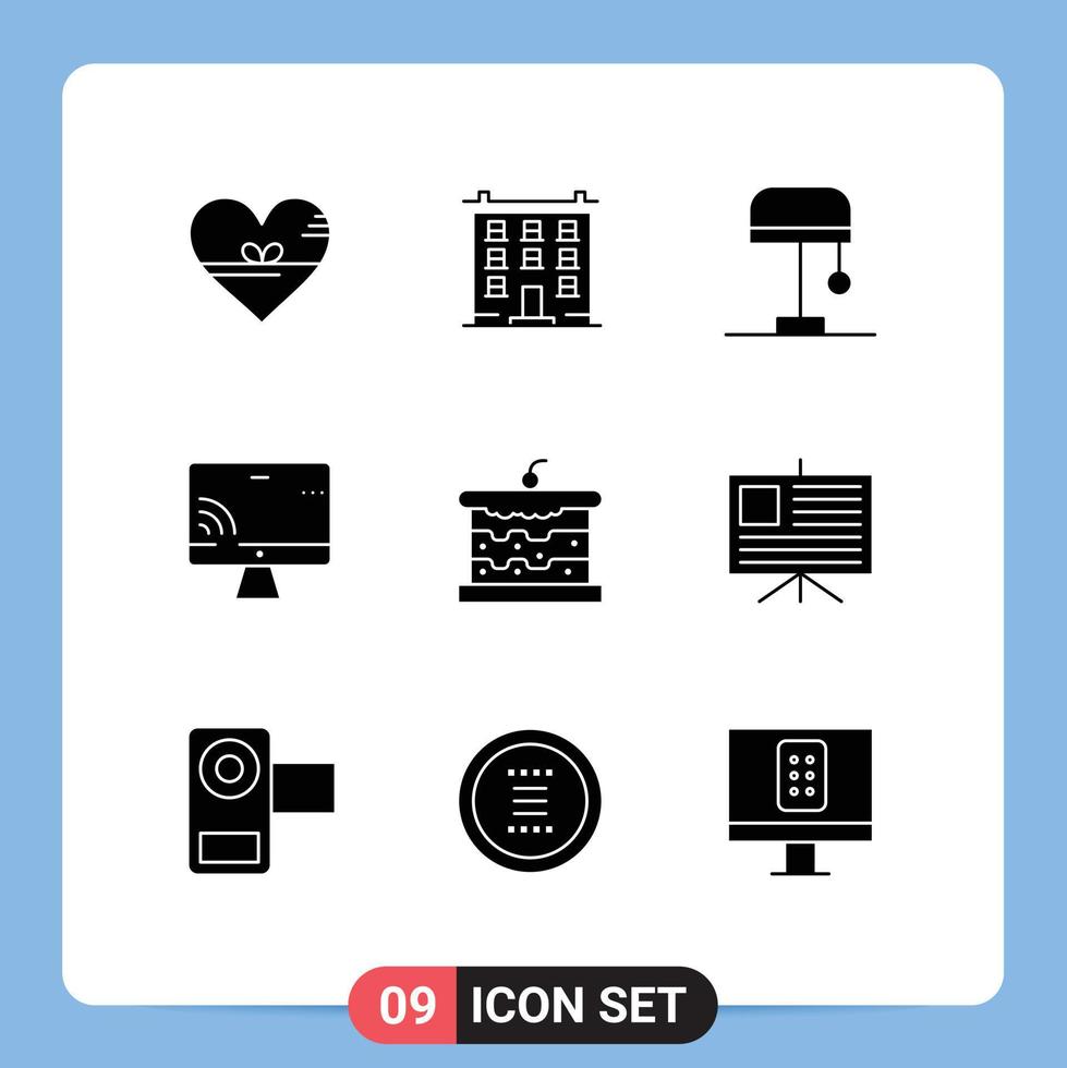 Mobile Interface Solid Glyph Set of 9 Pictograms of bakery screen home monnitor light Editable Vector Design Elements