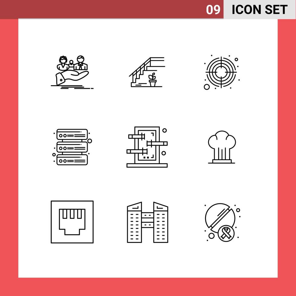 Modern Set of 9 Outlines Pictograph of box servers stage database goal Editable Vector Design Elements