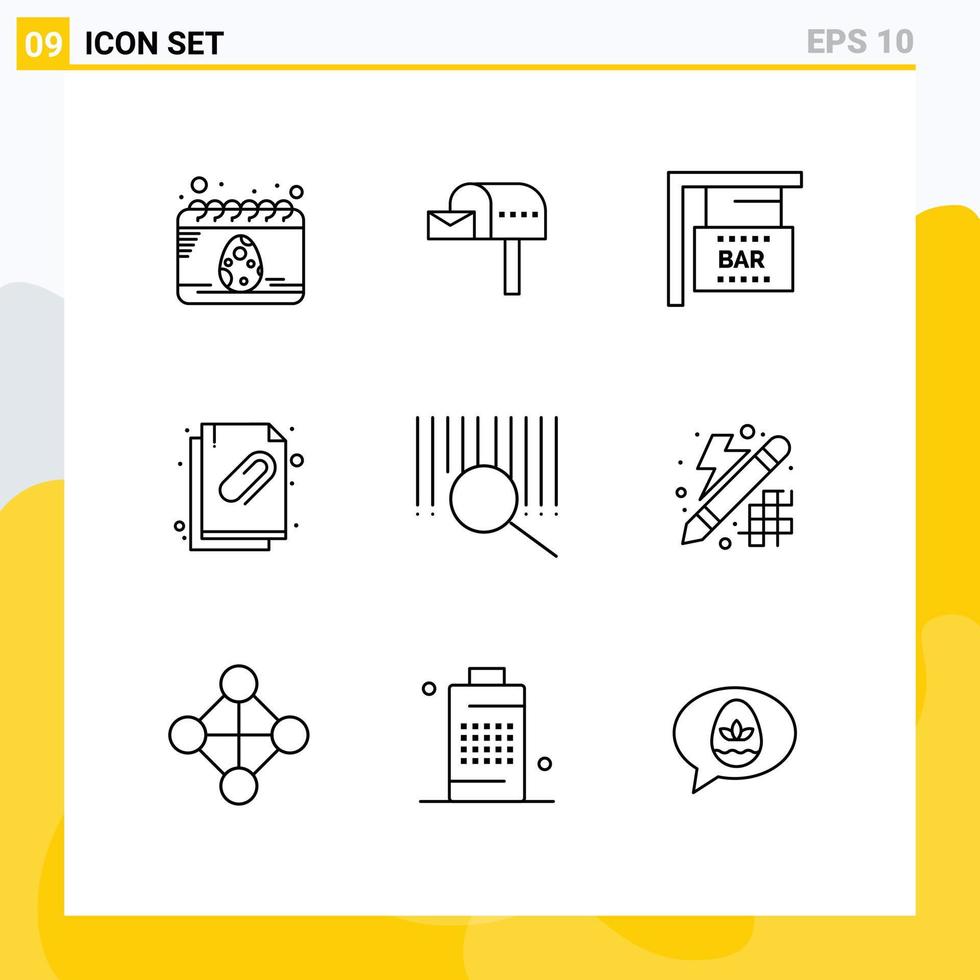 9 User Interface Outline Pack of modern Signs and Symbols of search barcode bar sign file attachment Editable Vector Design Elements
