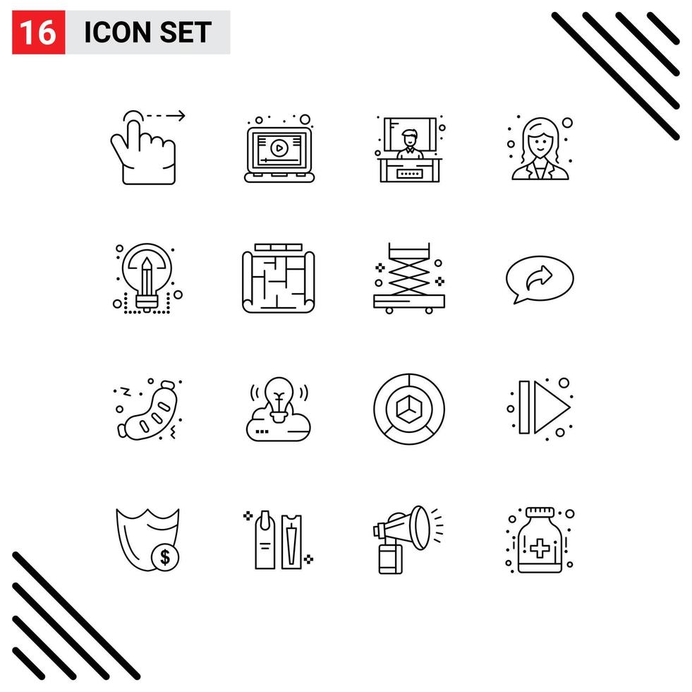 16 User Interface Outline Pack of modern Signs and Symbols of sharing ideas presentation creative female Editable Vector Design Elements