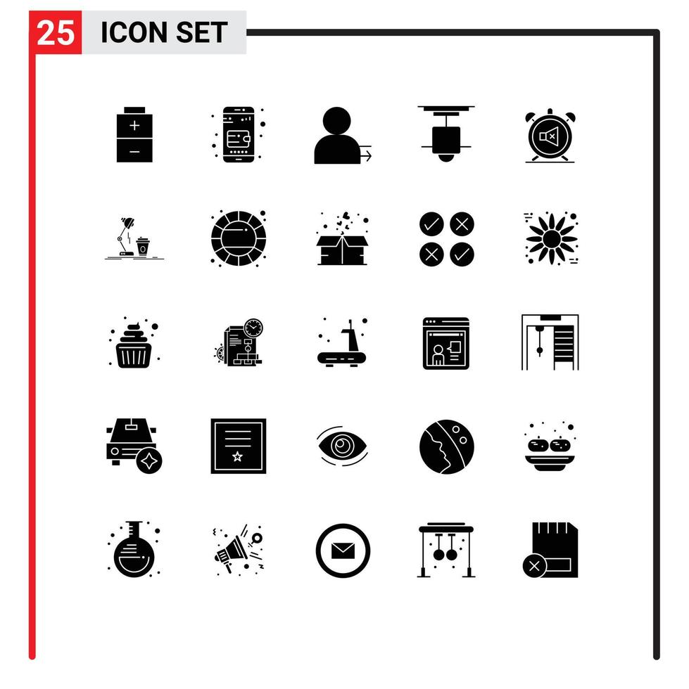 25 User Interface Solid Glyph Pack of modern Signs and Symbols of mute alarm left light interior Editable Vector Design Elements