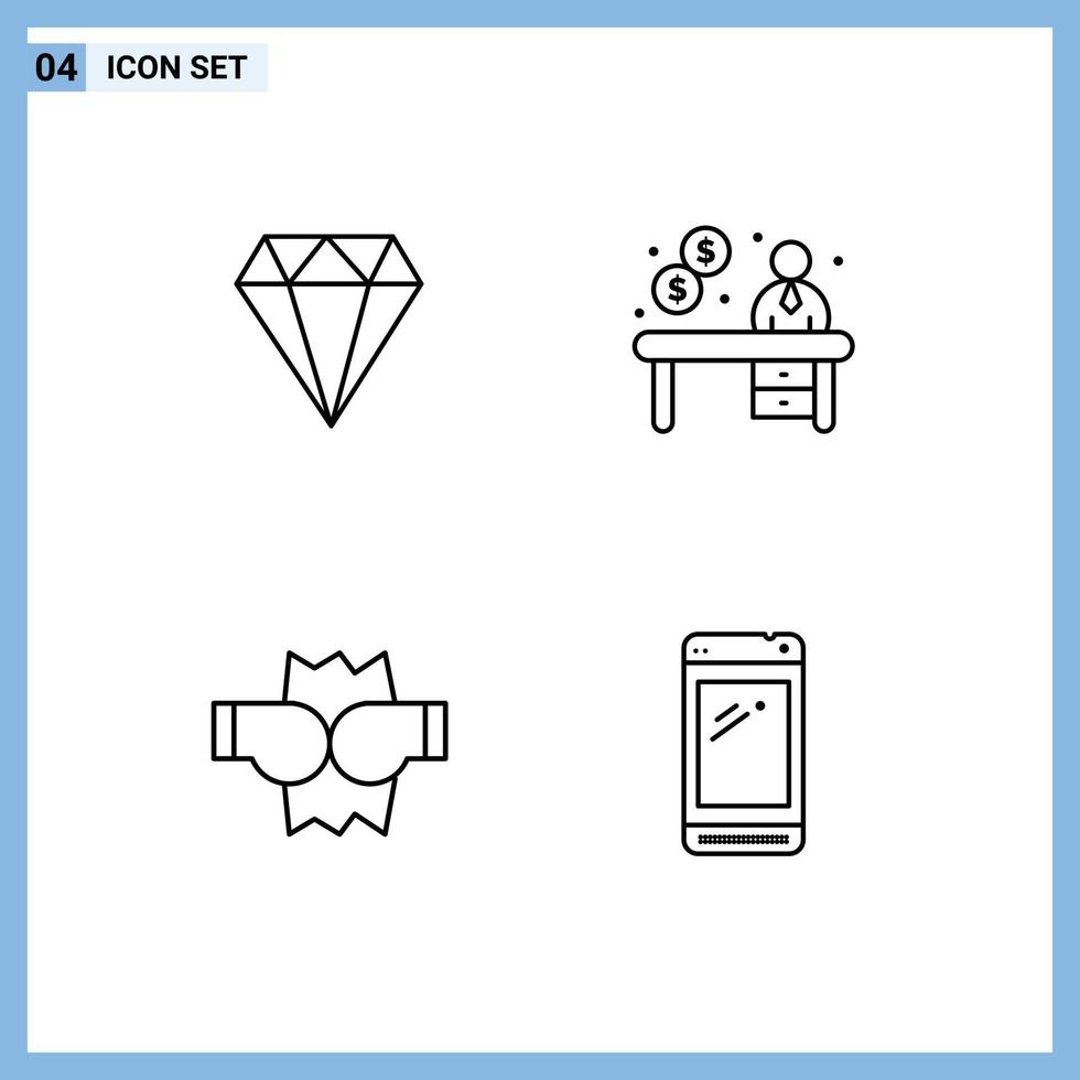 Mobile Interface Line Set of 4 Pictograms of diamond fight gam office phone Editable Vector Design Elements