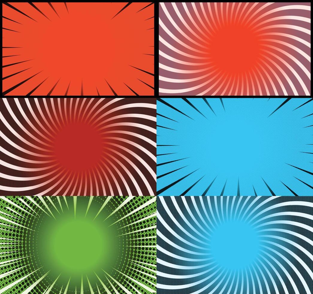 Comic book colorful frames background with halftone rays radial and dotted effects pop art style vector