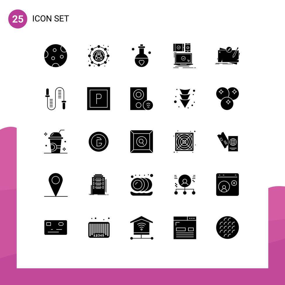 Mobile Interface Solid Glyph Set of 25 Pictograms of responsive devices message computer perfume Editable Vector Design Elements