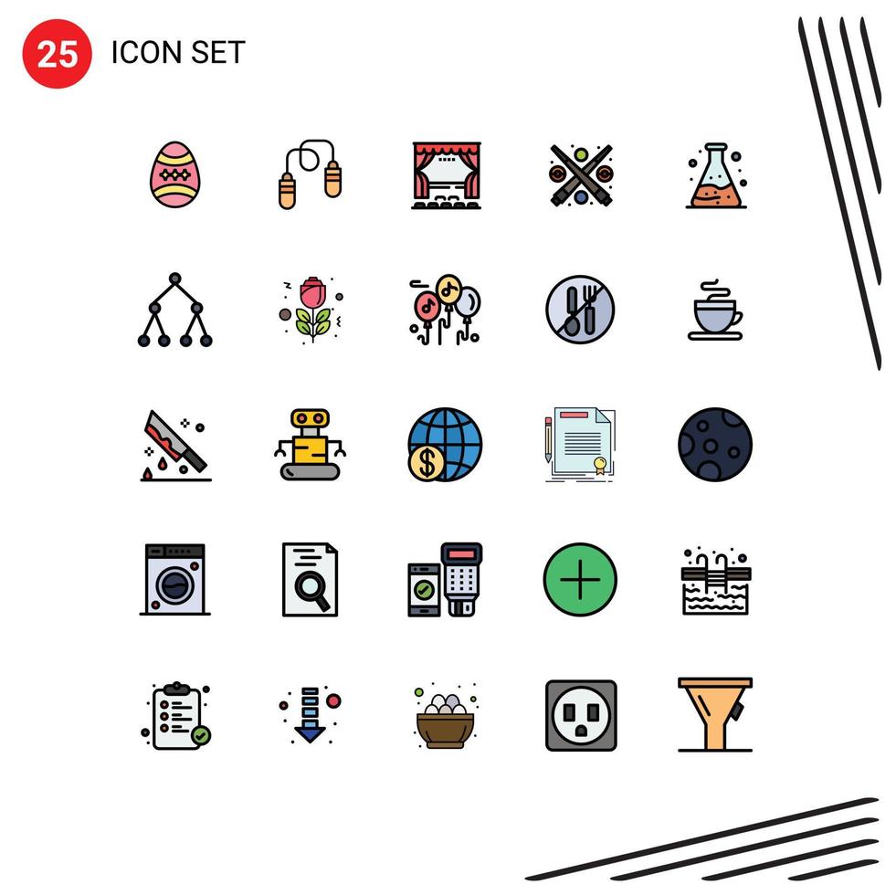 Pack of 25 creative Filled line Flat Colors of pollution game curtain fun entertainment Editable Vector Design Elements