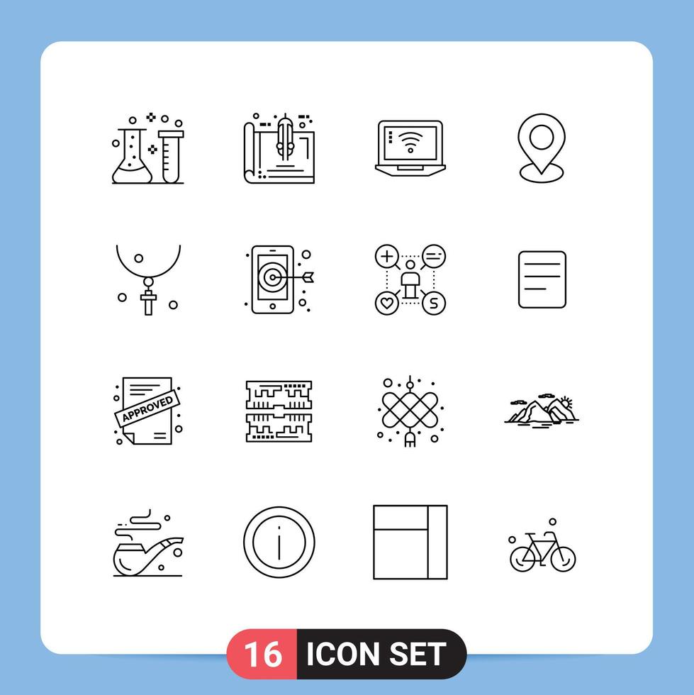 Universal Icon Symbols Group of 16 Modern Outlines of pin map home location signal Editable Vector Design Elements