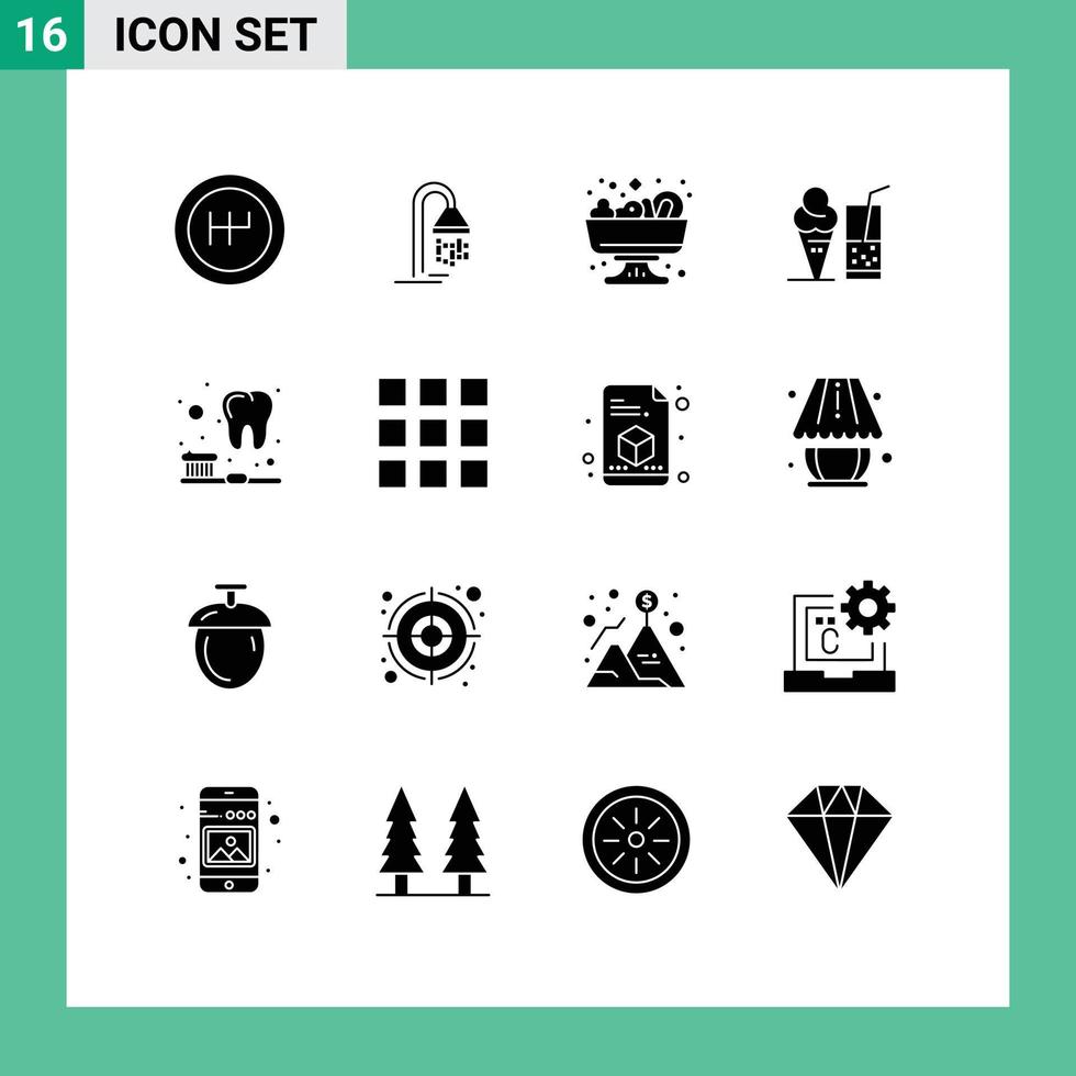 Pack of 16 Modern Solid Glyphs Signs and Symbols for Web Print Media such as web design teeth summer cleaning juice Editable Vector Design Elements