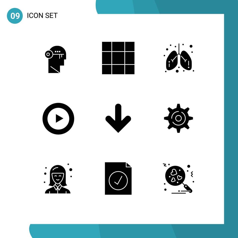 Mobile Interface Solid Glyph Set of 9 Pictograms of download down health arrow play Editable Vector Design Elements