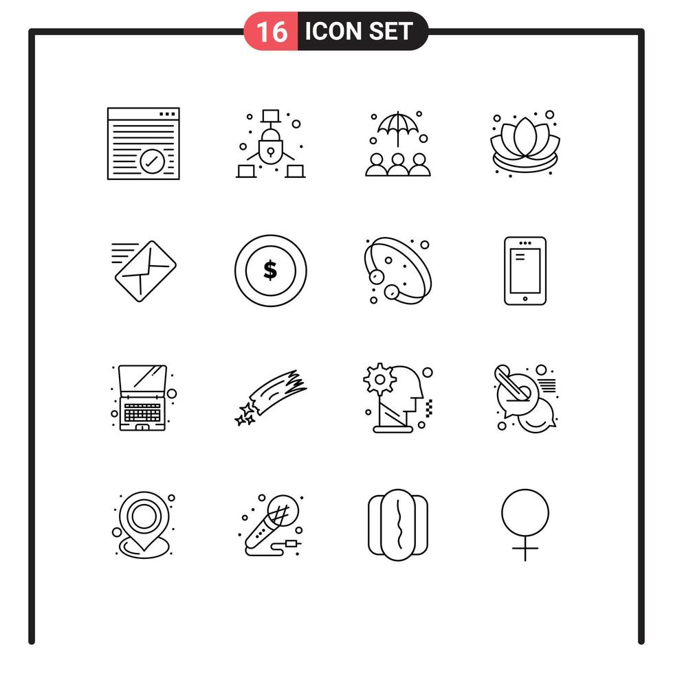 Pictogram Set of 16 Simple Outlines of message email insurance lotus decorations Editable Vector Design Elements