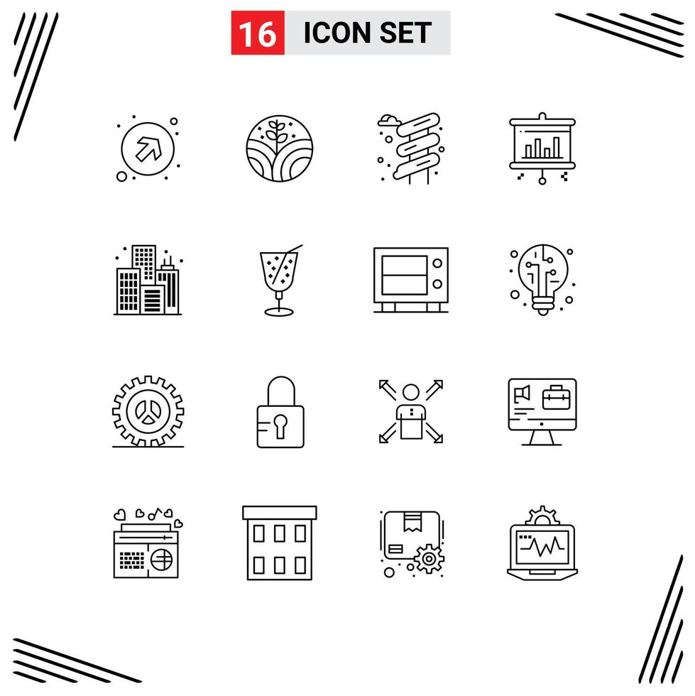 Pack of 16 Modern Outlines Signs and Symbols for Web Print Media such as drink building water life screen Editable Vector Design Elements