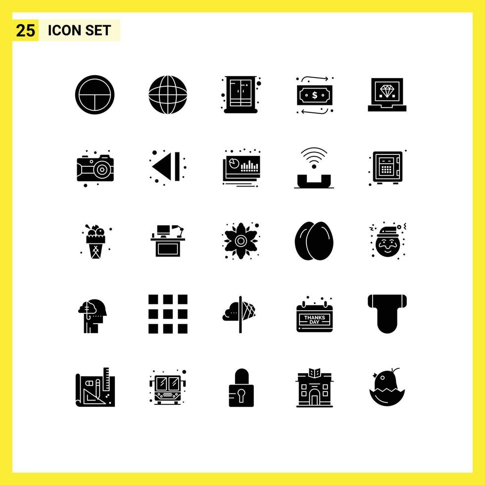 grupo universal de símbolos de icono de 25 glifos sólidos modernos de codificación de elementos de diseño vectorial editables de armario de dinero de globo de compras vector