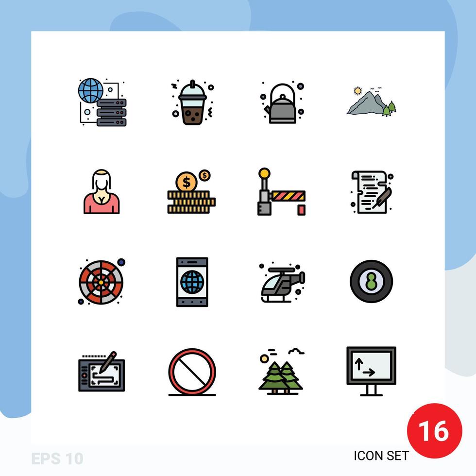 Pictogram Set of 16 Simple Flat Color Filled Lines of character actress pot scene hill Editable Creative Vector Design Elements
