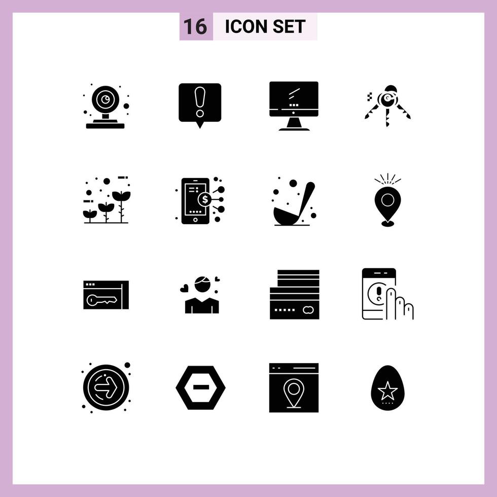 Set of 16 Vector Solid Glyphs on Grid for globe eco monitor real estate house Editable Vector Design Elements