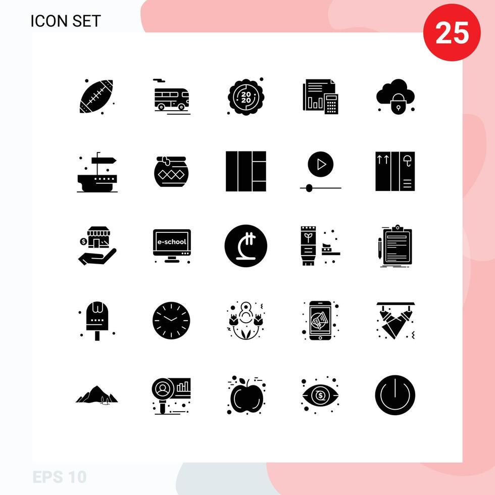 Pack of 25 Modern Solid Glyphs Signs and Symbols for Web Print Media such as calculation budget label banking audit Editable Vector Design Elements