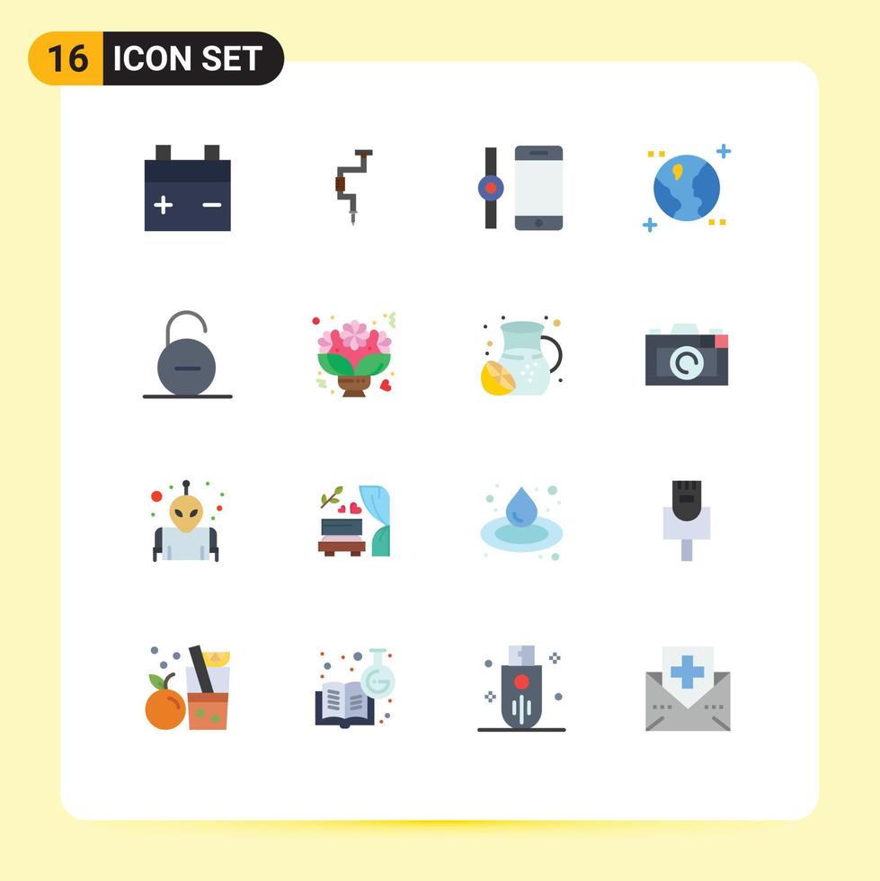 Universal Icon Symbols Group of 16 Modern Flat Colors of secure padlock connect lock earth Editable Pack of Creative Vector Design Elements