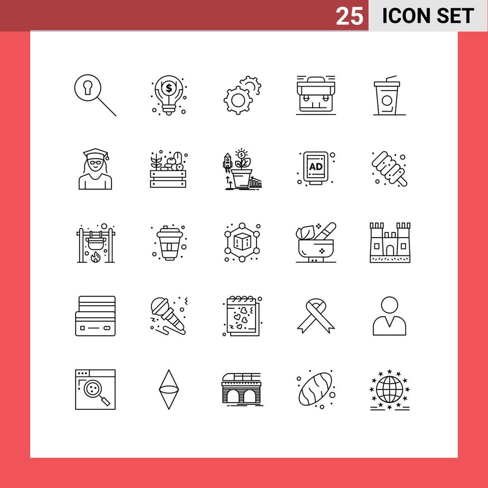 Set of 25 Modern UI Icons Symbols Signs for drink beverage gears suitcase portfolio Editable Vector Design Elements