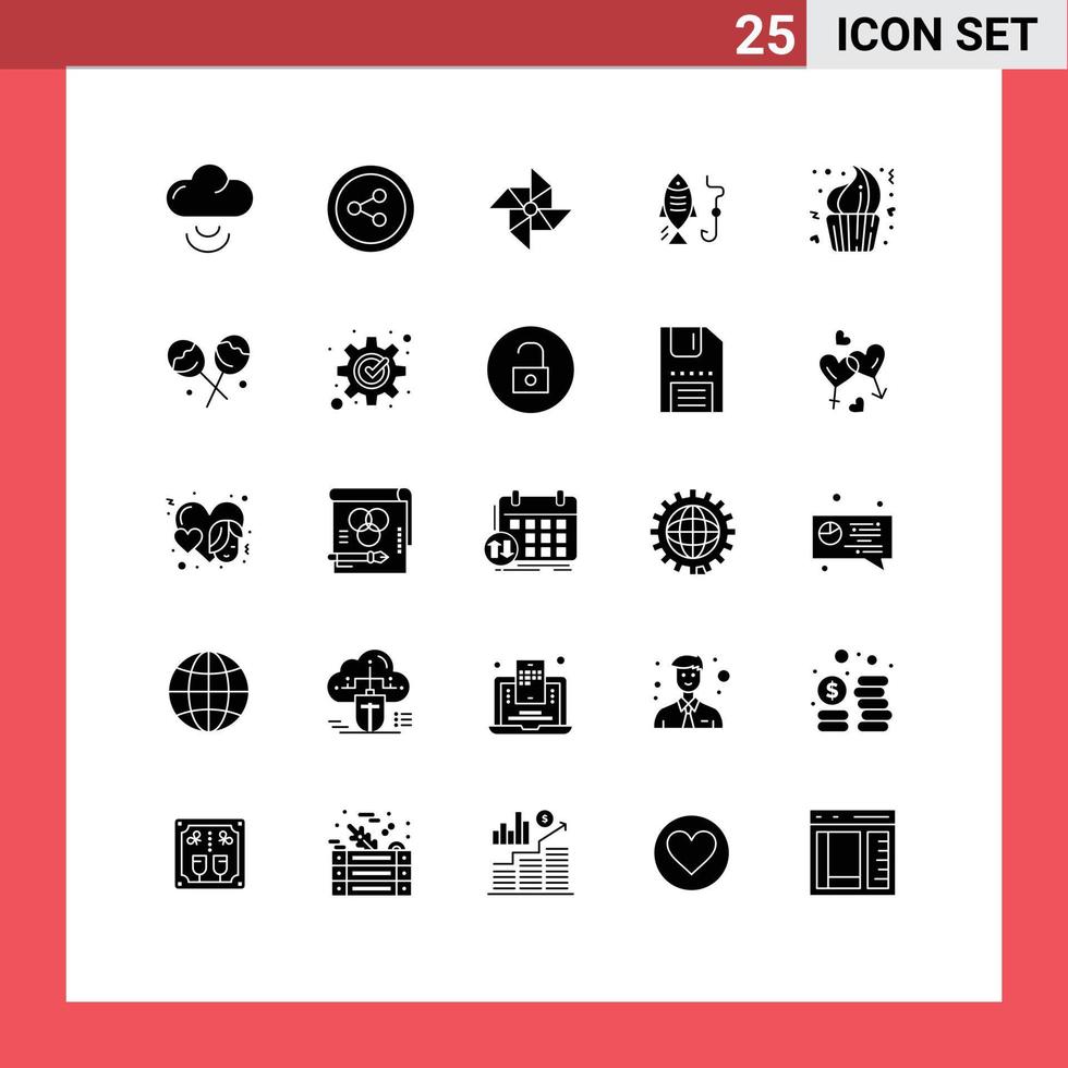 Set of 25 Vector Solid Glyphs on Grid for candy day fishing cup bakery Editable Vector Design Elements