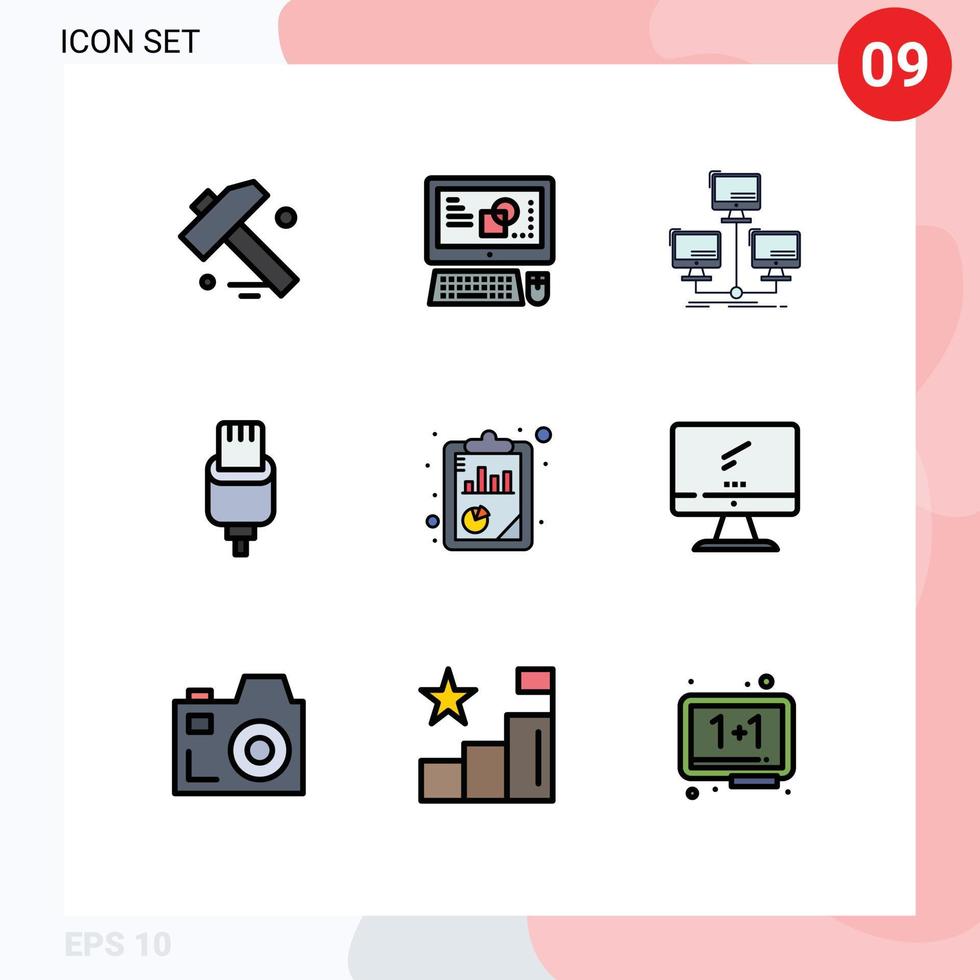 Set of 9 Commercial Filledline Flat Colors pack for report lightning distributed connector cable Editable Vector Design Elements