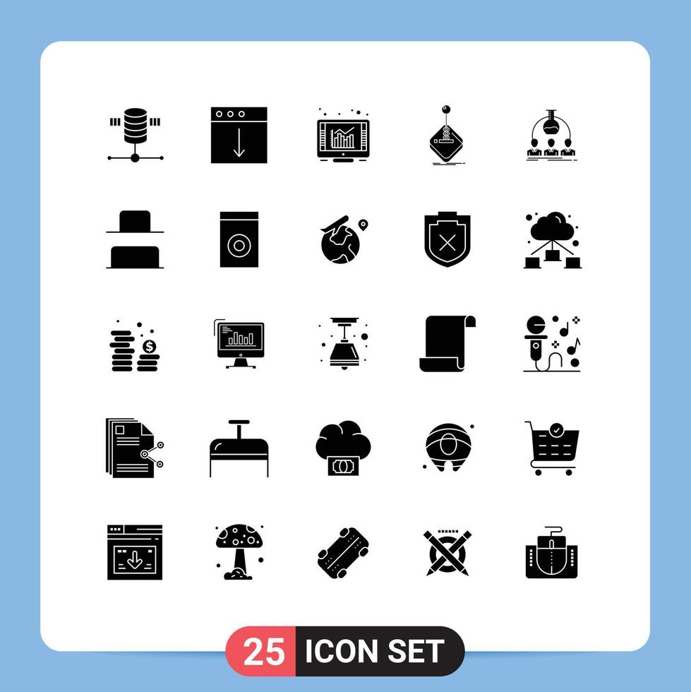 conjunto moderno de 25 glifos y símbolos sólidos, como elementos de diseño de vectores editables de arcade de juegos de navegador de joystick de laboratorio