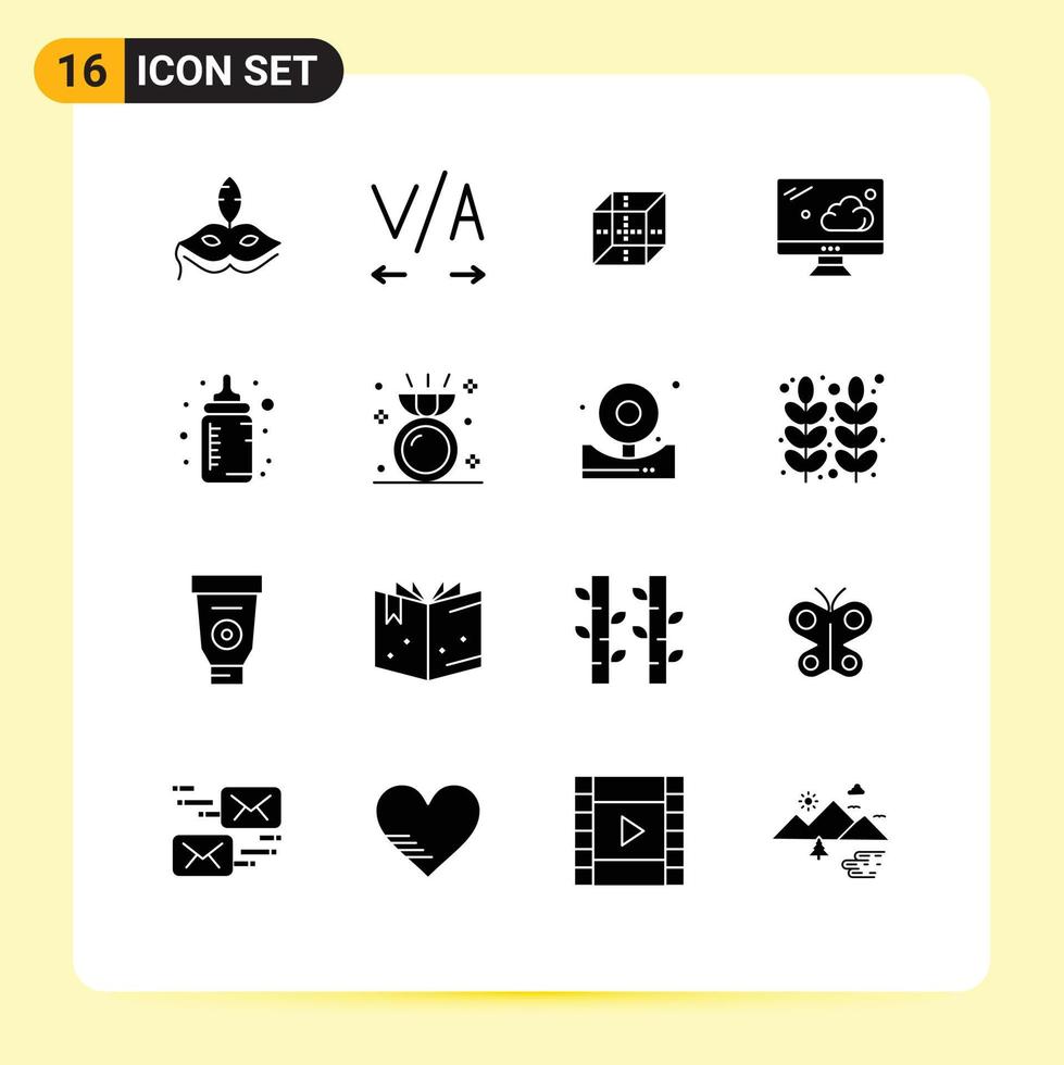 Group of 16 Solid Glyphs Signs and Symbols for diamond nipple computing feeder technology Editable Vector Design Elements