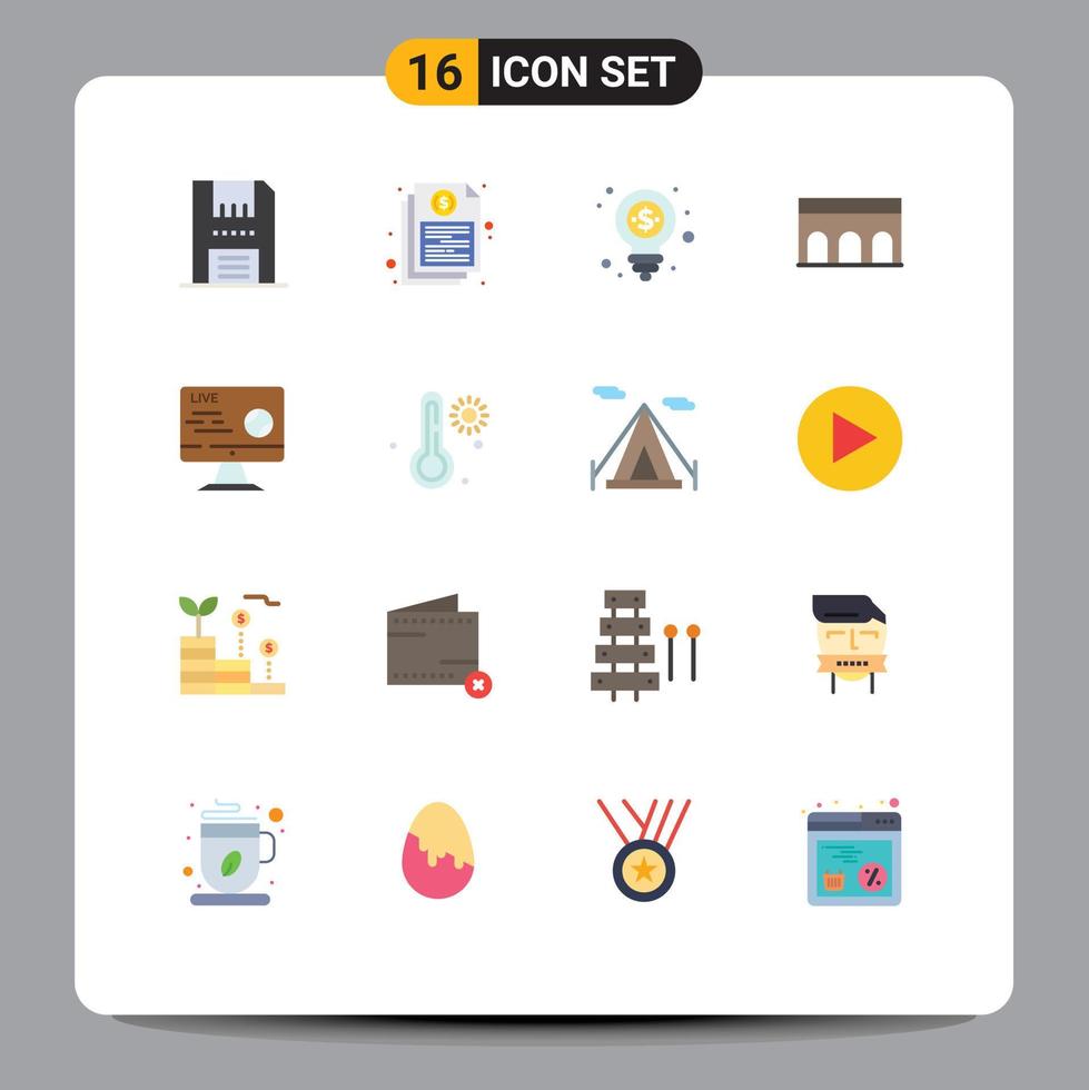 Group of 16 Flat Colors Signs and Symbols for historic architecture financial arch money Editable Pack of Creative Vector Design Elements