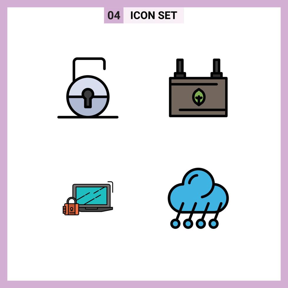 Group of 4 Modern Filledline Flat Colors Set for key computer security ecology security Editable Vector Design Elements