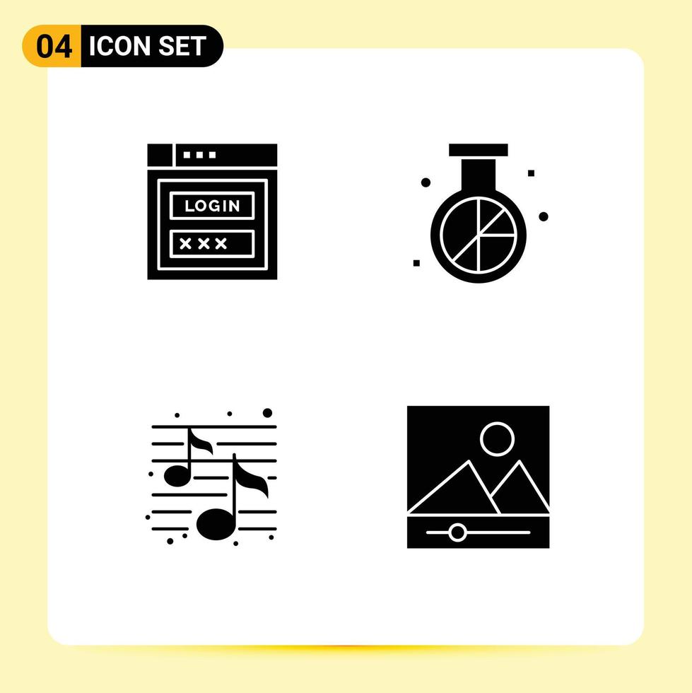 Universal Icon Symbols Group of 4 Modern Solid Glyphs of internet music web security media party Editable Vector Design Elements