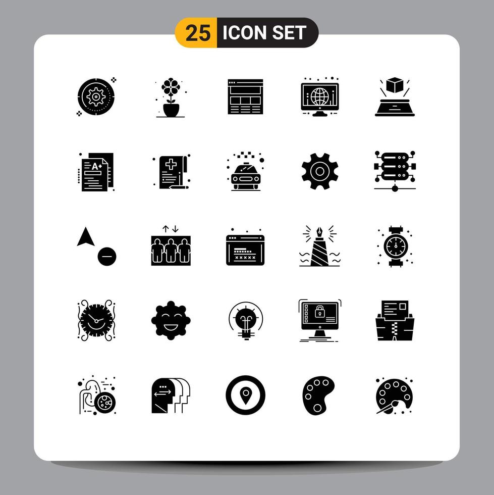 Pack of 25 Modern Solid Glyphs Signs and Symbols for Web Print Media such as world monitor spring globe web Editable Vector Design Elements